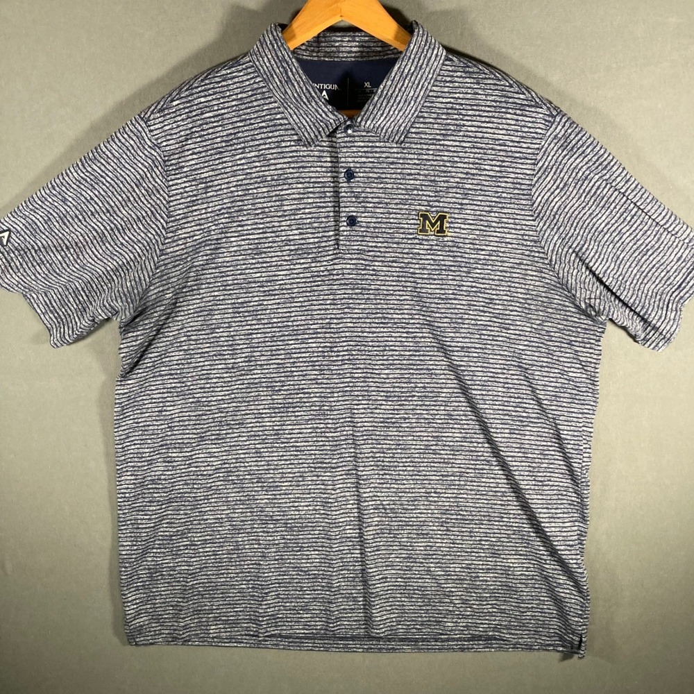 Michigan Wolverines Polo Shirt Mens XL‎ Antigua Blue Striped NCAA Golf